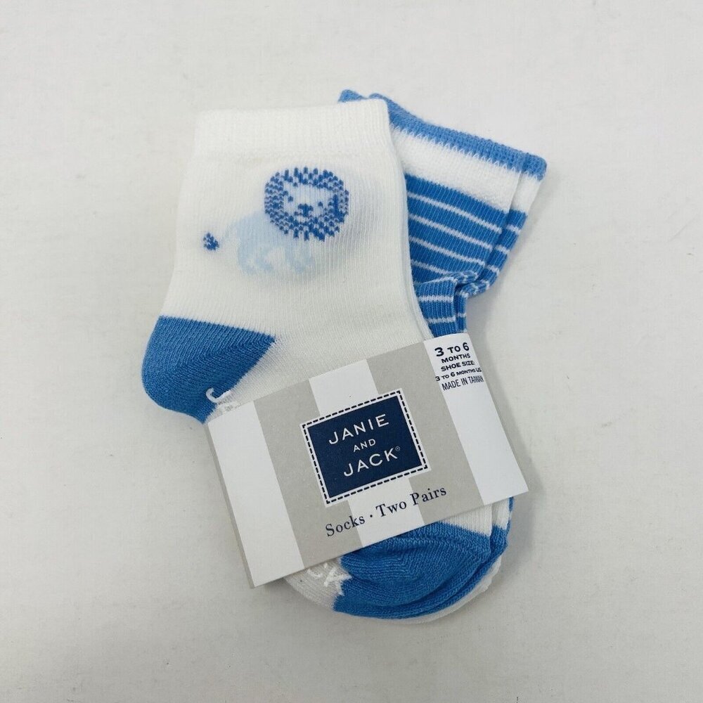 Janie and Jack Baby Boys 3-6 Months Lion Print and Striped 2 Pack Ankle Socks